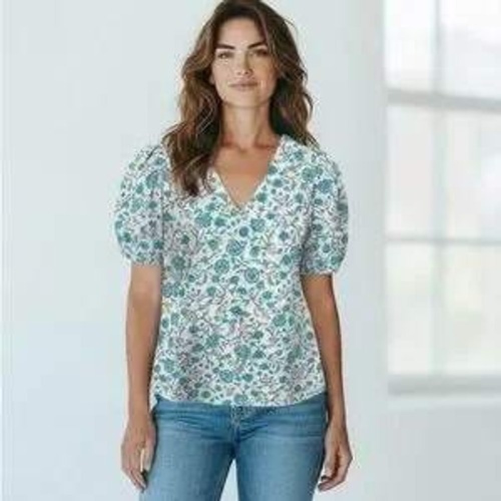 NOT FOR SALE Cotton Blouse Blue Floral Pouf Sleeves Feminine Pretty XXL - Picture 1 of 6